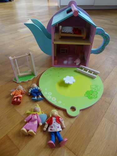 Wooden teapot dolls house pink