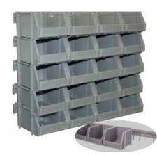 40 SMALL GREY WALL MOUNT PLASTIC PARTS STORAGE BINS WITH WALL MOUNTING RAILS  