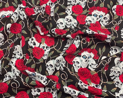 Skulls roses cotton fabric - cotton,