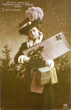 Postcard Christmas Tree Wishes Woman Giftbag Hand Colored Edwardian Sepia EAS