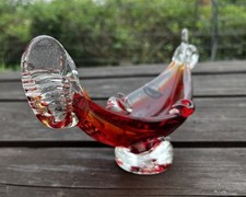 Vintage Glass Italian Gondola Boat Ashtray Ornament In Clear & Red