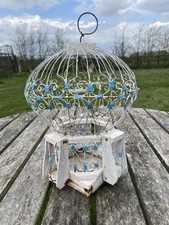Vintage Tunisian decorative bird cage ornate white & blue metal and wood