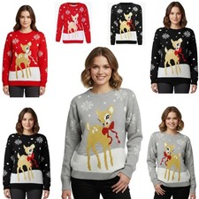 Ladies Xmas Baby Deer Bambi Christmas Novelty Knitted Jumper Sweater Top UK 8-22