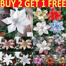 10X Christmas Large Poinsettia Glitter Flower Tree Hanging Party Xmas Decor UK +