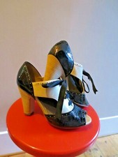 Dune retro vintage black patent cream lace up peep toe shoes Swing Rockabilly 