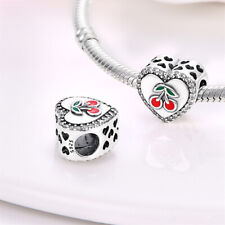 Cherry Fruit Love You Heart Red Enamel Crystal Charm Sterling Silver 925