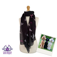 POODLE SILHOUETTE LADIES SCARF SHAWL IN BLACK WITH PINK PURPLE & WHITE POODLES