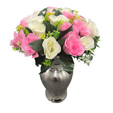 24 HEADS PINK WHITE ARTIFICIAL BUNCH ROSES SILK ROSE FLOWER WEDDING BOUQUET DECO