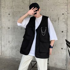 Button Down Waistcoat Streetwear Multi Pockets Chain Loose Men Casual Cargo Vest