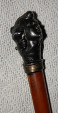Antique Malacca Gadget Walking Stick / Cane - Metal Woman's Head Movable Tongue