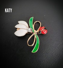 White Snowdrop Crystal Flower Red Ladybird Brooch Gold Tone Vintage Look Gift