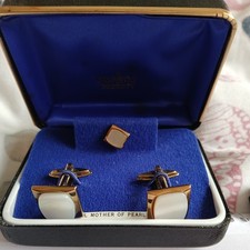 Vintage Sophos Cufflinks Gold Tone Genuine Mother of Pearl Boxed Wedding Cruise