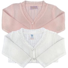 Baby Girl Cardigan BOLERO Fine Knit Spanish Cable Back Pink White Christening