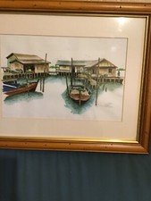 a watercolor painting titled water village by artist ll wee signed and stamped