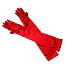Ladies Long Red Finger Gloves Elbow Stretch Satin Opera Fancy Dress Party