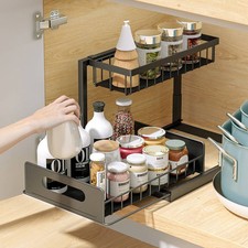 Kitchen Sliding Basket Wire Cabinet Spice Rack Shelf 2 Tiers Pull Out Organizer
