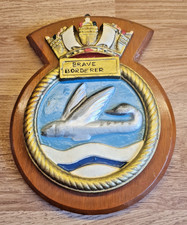 RARE Vintage HMS BRAVE BORDERER Royal Navy Ship Badge / Wooden Crest / Plaque