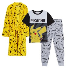 Boys Pokemon Pyjamas + Bathrobe Pikachu Matching Nightwear Set Pjs Dressing Gown