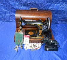 SINGER 128-13 LONG SHUTTLE SEWING MACHINE SERVICED, MANUAL, ATTACHMENTS, CASE