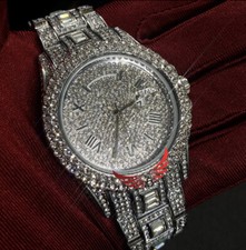 Day Date Mens Iced Out Silver Watch- Luxury Crystal CZ Bling Timepiece