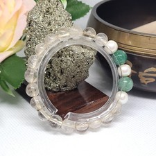 Handmade Gemstone Bracelet – Gold Rutilated Quartz, Pearl & Green Jade – 15cm