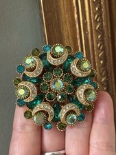 Sphinx Crescent Mooned Brooch Statement Jewellery Gold Tone Green Rhinestone Vtg