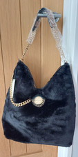 RIVER ISLAND Black Faux Fur Roomy Slouch Bag with Chain Detail BNWT