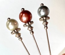 Beautiful  Pearls Hat Pins X3 Vintage Antique Silver Style 3" & Pin Protector