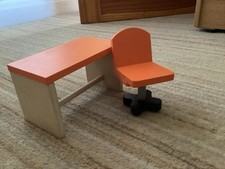KIDCRAFT LARGE DOLLS HOUSE WOODEN FURNITURE COMPUTER DESK AND CHAIR - ORANGE