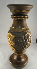 Hand Carved? Wooden Vase Hard Wood Leaf & Grape Rustic Shabby Chic - Vintage