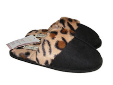 Jessica Simpson Women Size 6 7 Black Slippers Leopard Print Faux Fur House Shoes