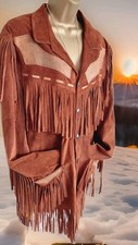 Womens tan tassel fringe 70s boho western cowgirl Real suede leather  jacket 16