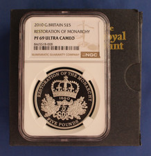 2010 Silver Proof £5 coin "Restoration of the Monarchy" NGC PF69 with Case & COA