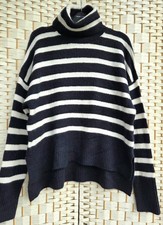 Hush Navy & White Boxy Fit Wool Blend Striped Roll Neck Jumper
