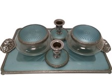 Guilloche Blue Vanity Set Glass Silver Trim Tray 2 Jars 2 Candle Holders Vintage