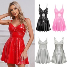 UK Women's Shiny Leather Dress Sleeveless Zipper A-Line Mini Dresses Party Dress