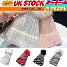 Lady Knitted Beanie Hat Diamond Faux Fur Pom Pom Bobble Hat Winter Warm Fashion!