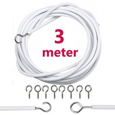 3M White Window Net Curtain Voile Washing Line Wire Cord Cable Rope  Hooks Eyes
