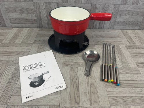 Red enamel fondue set - fondue,