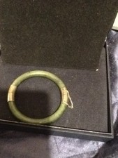 stunning vintage oriental silver metal & Jade bangle with safety chain