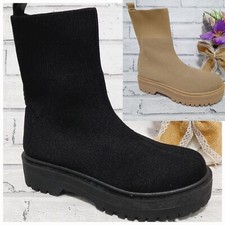 Ladies Sock Ankle Boots Winter Mid Calf New Casual Comfy Chunky Heel Size 5