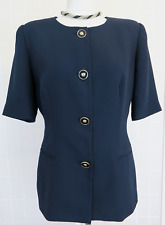 Dusk (Frank Usher) Jacket Size 14 Navy Collarless Fitted Short Sleeves Vintage
