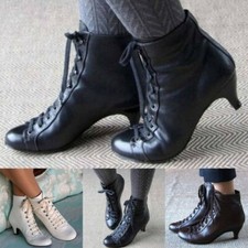 Women Ladies Low Kitten Heel Ankle Boots Victorian Retro Lace Up Leather Shoes