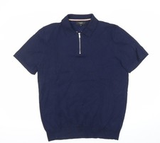 Next Men's Blue Cotton Nylon Polo Shirt M Short Sleeve Zip Collar