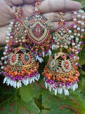 Pakistani Bridal/party Nikkah Earrings And Tikka Jewellery Set Orange & Pink
