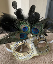 Gold coloured Masquerade Mask w/ Peacock & Black Feathers and Gem Embellishments