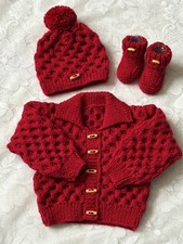 Brand New Hand Knitted Baby Boys/ Girls 0/3 Months Cable Cardigan Set.Deep Red?