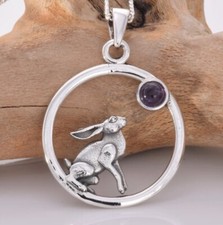 Moon Gazing Hare Amethyst Pendant Sterling Silver 925 Round Unisex