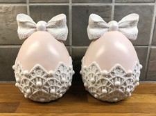 TK MAXX 2 x Large Ceramic Pastel Pink & White Lace Effect Bow Top Easter Eggs BN
