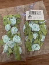 SMALL MINI SATIN RIBBON ROSE BUDS FLOWERS WITH SATIN GREEN LEAVES APPLIQUE CRAF